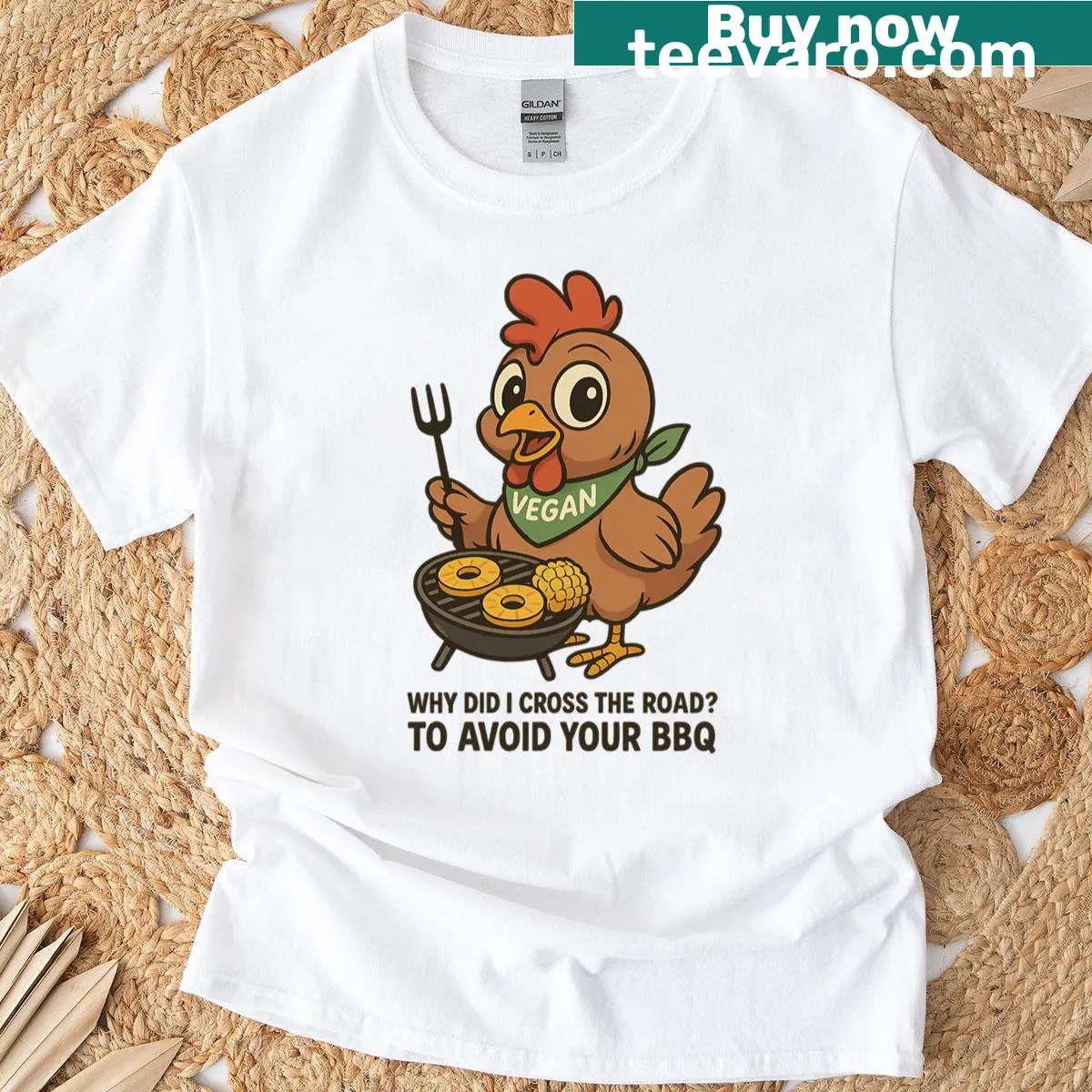 Funny Vegan Chicken Chef t-shirt with 'I Crossed The Road' graphic — on a men's t-shirt