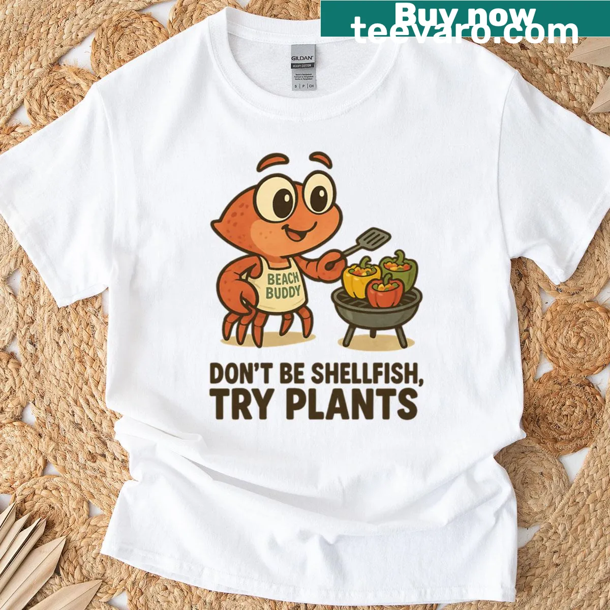 Vegan chef T-shirt with crab and humorous text about plants — on a men's t-shirt