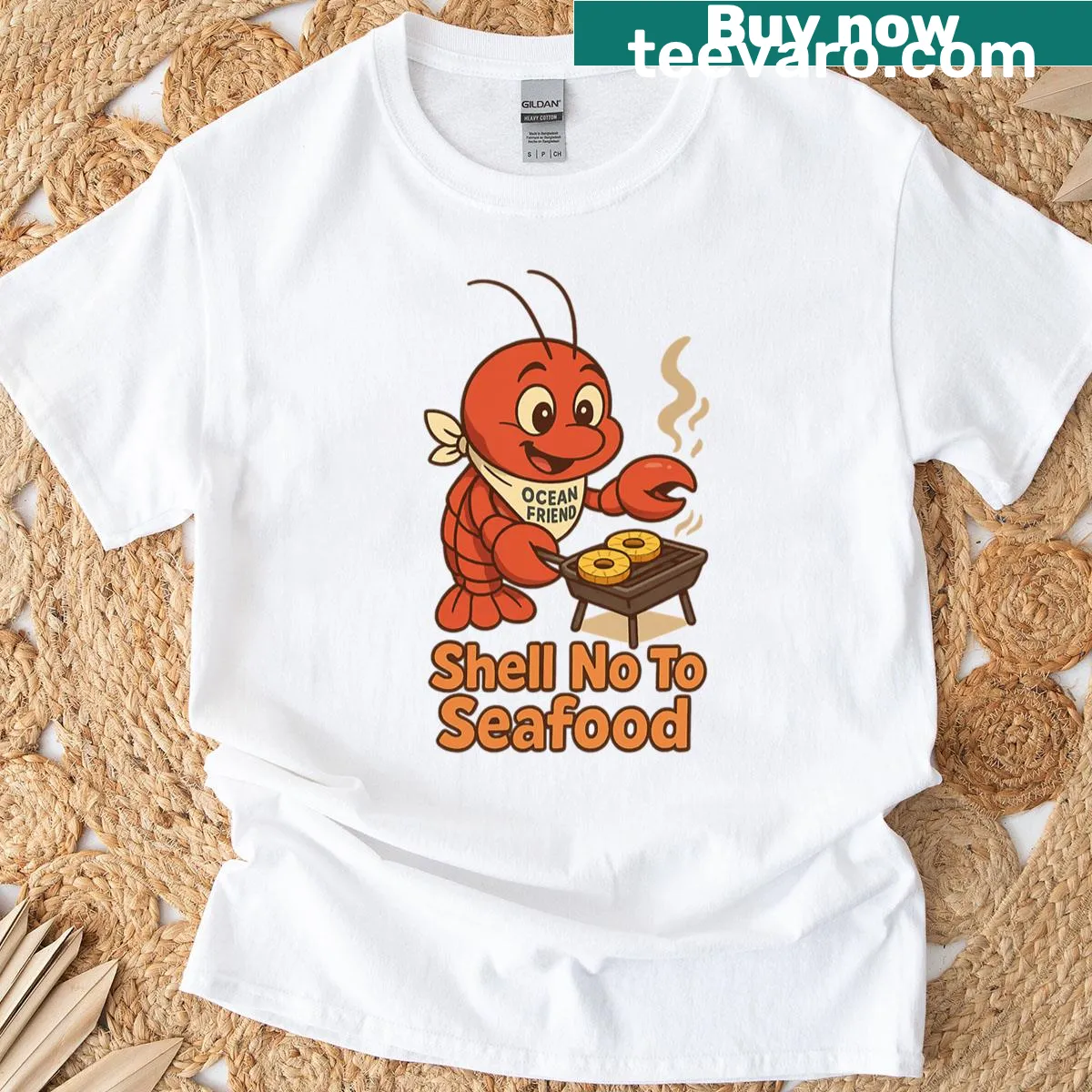 Funny vegan T-shirt with lobster chef graphic and text — on a men's t-shirt