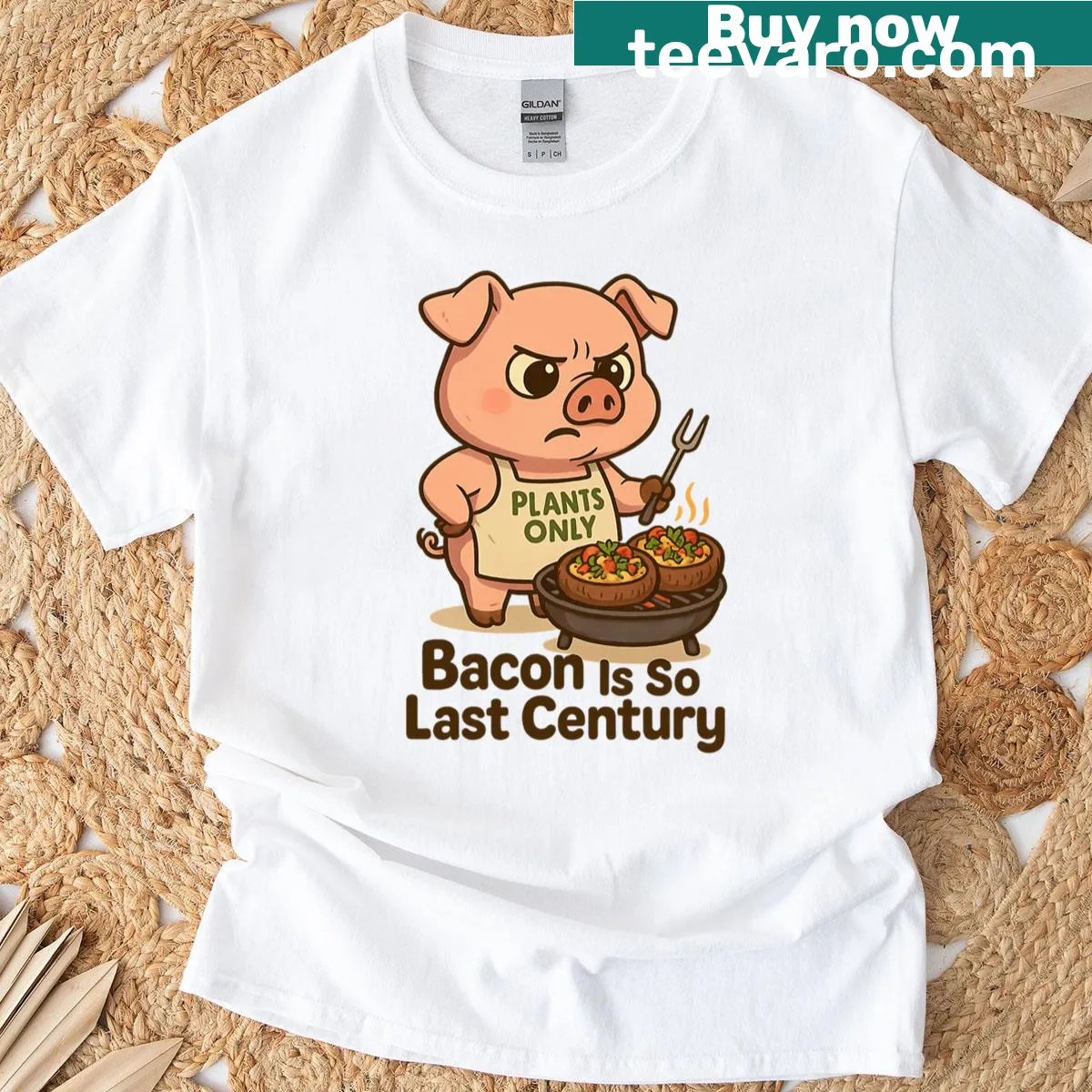 Humorous vegan pig chef T-shirt with playful bacon message — on a men's t-shirt