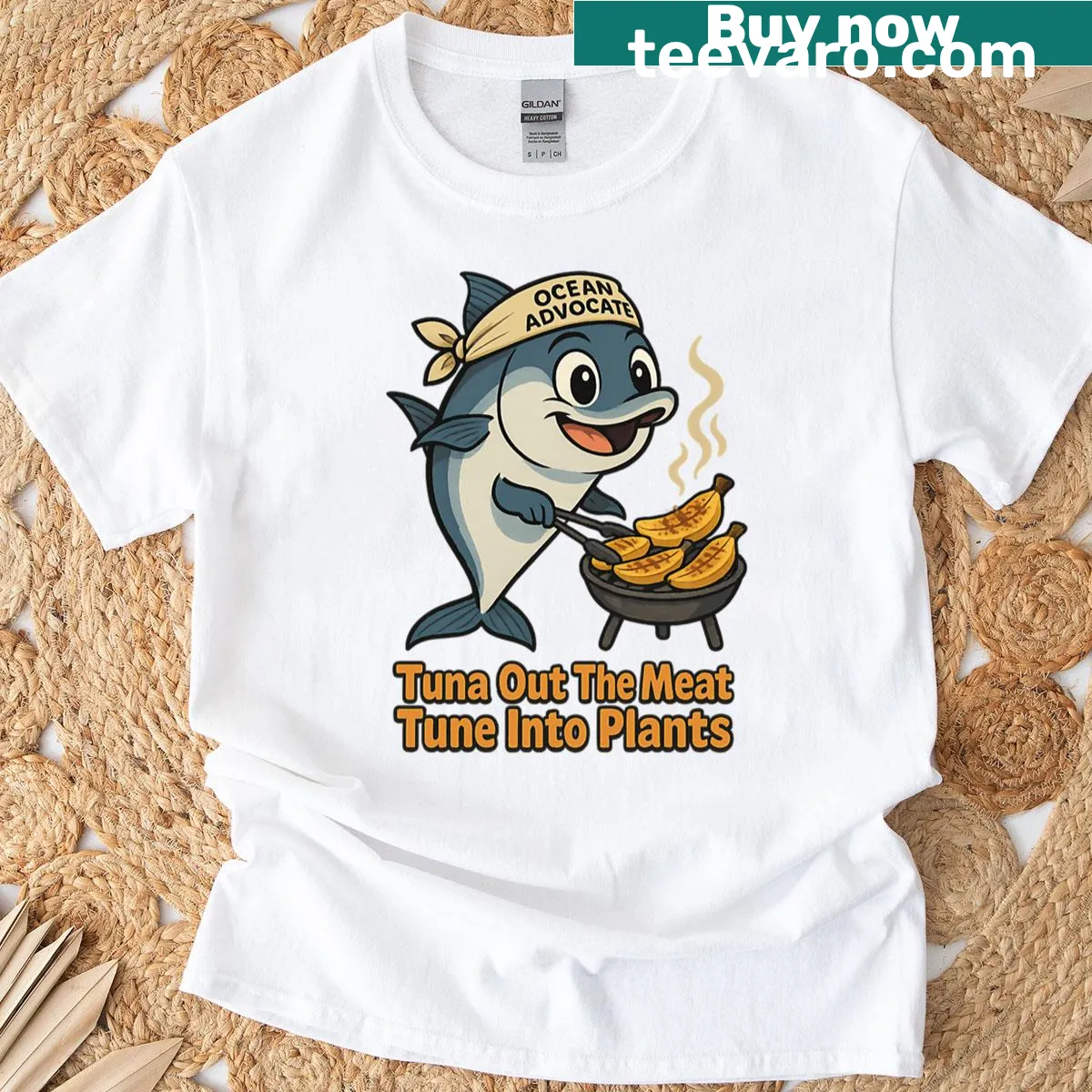 Oversized vegan chef T-shirt with tuna and plant-based message — on a men's t-shirt