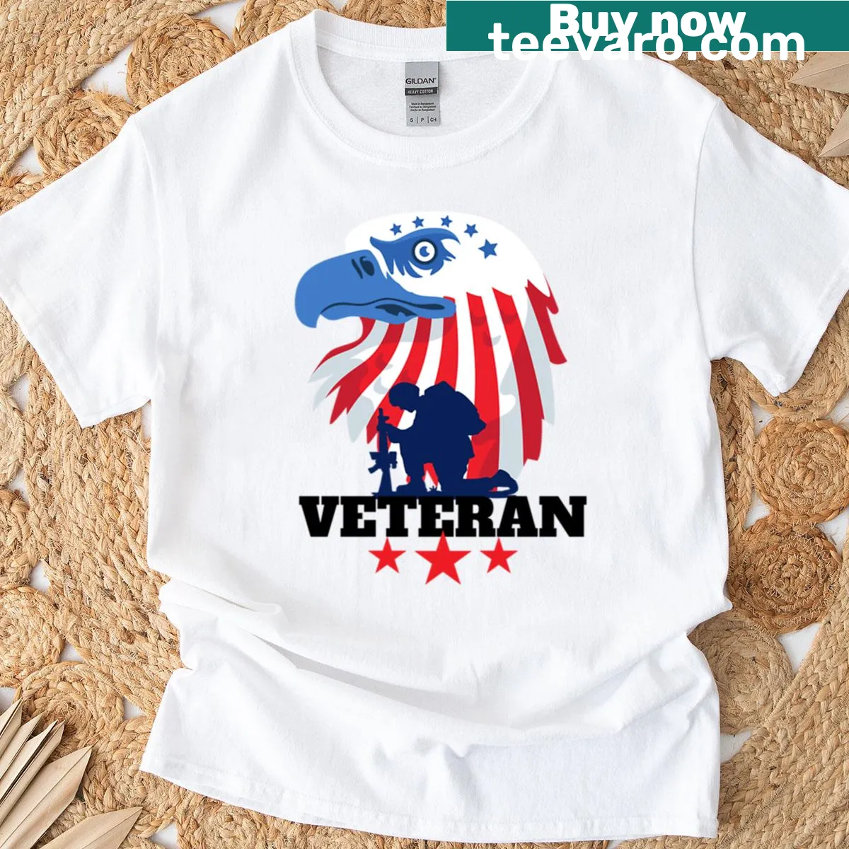 Patriotic veteran T-shirt featuring an eagle and soldier design — on a men's t-shirt