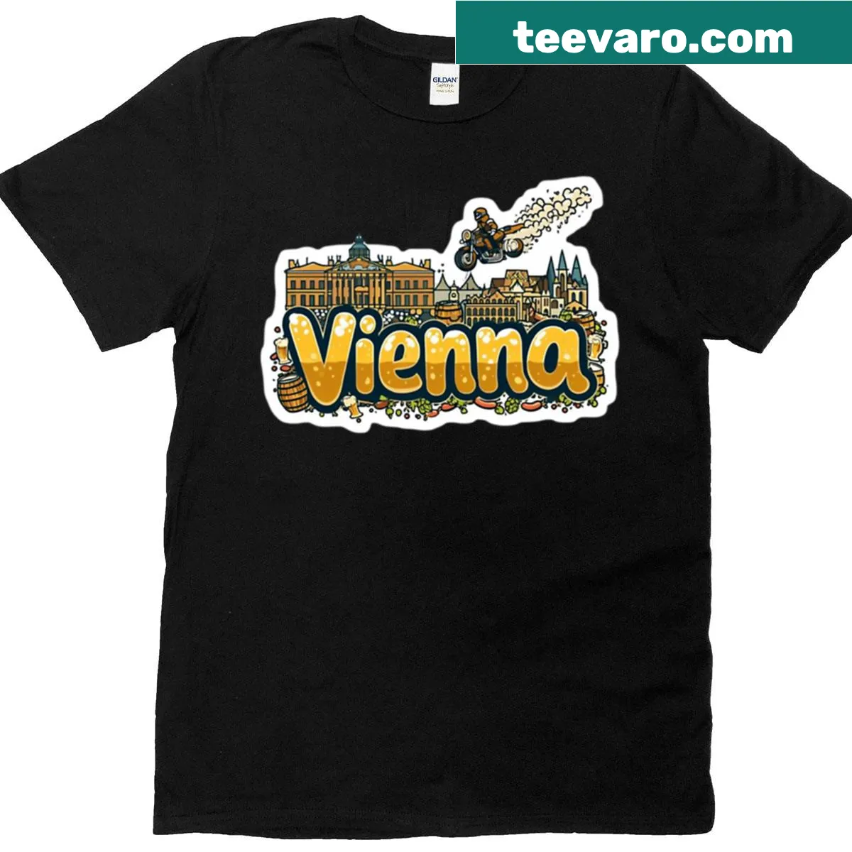Illustrated Vienna café-themed graphic T-shirt — on a men's t-shirt