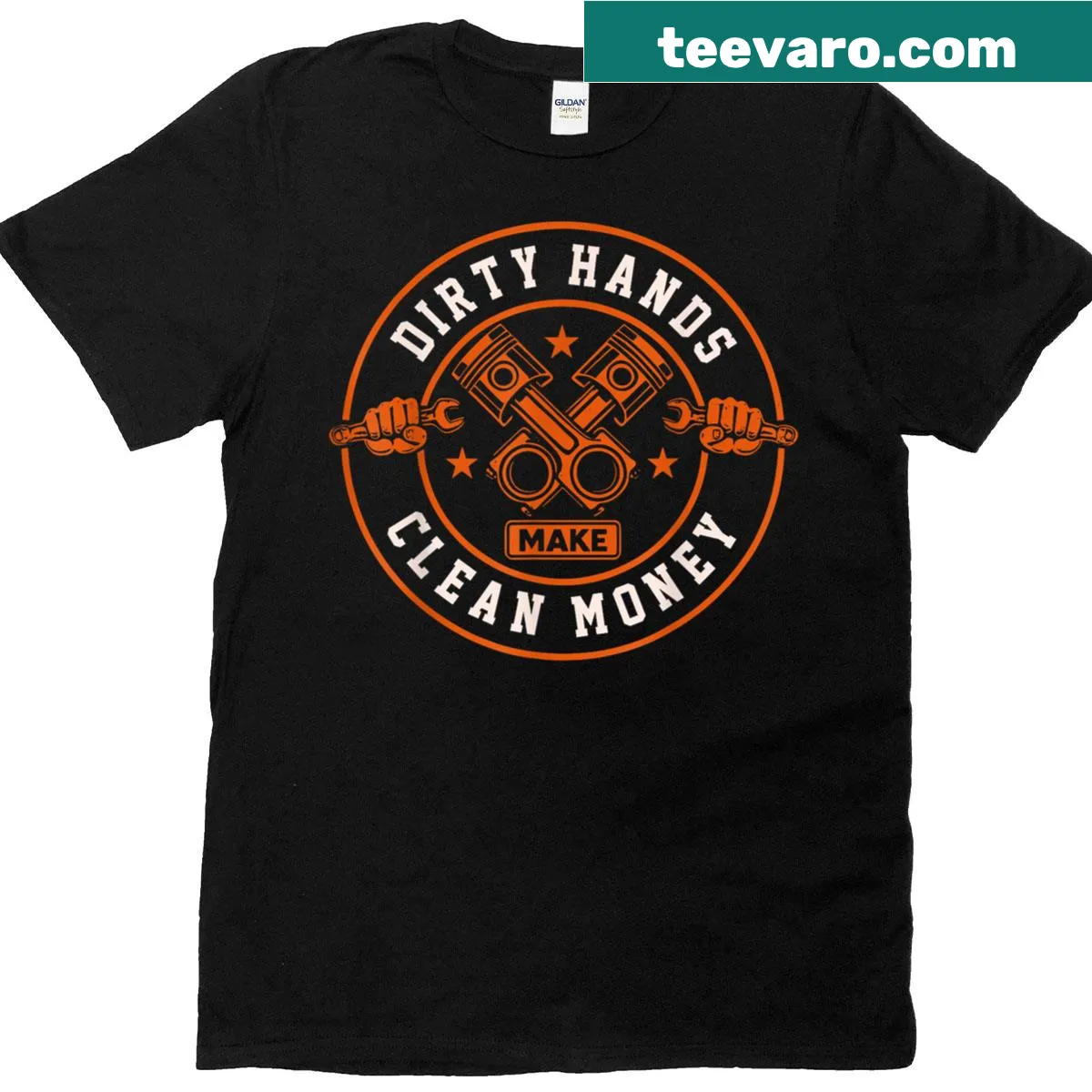 Funny mechanic t-shirt with 'Dirty Hands Make Clean Money' text — on a men's t-shirt