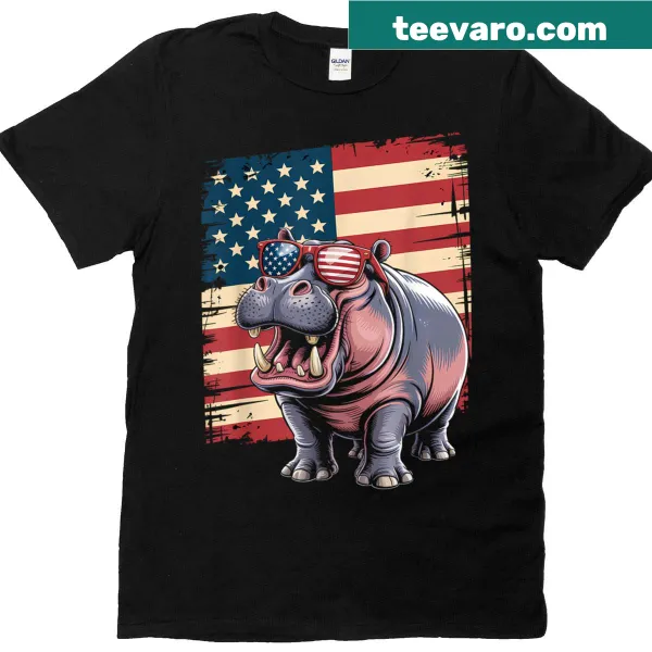 Vintage hippo wearing sunglasses with USA flag design