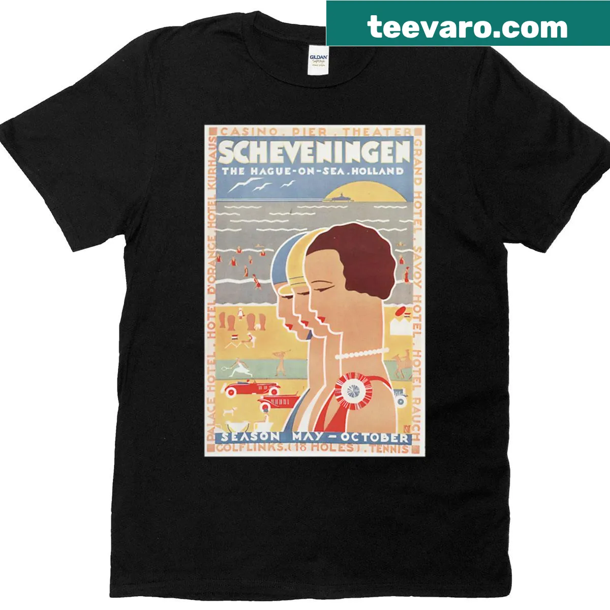Vintage travel poster design of Scheveningen beach Netherlands — on a men's t-shirt