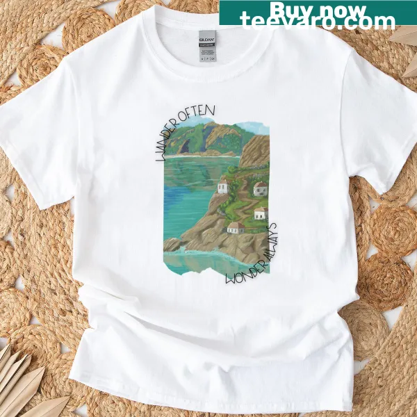 Inspirational T-shirt with the phrase 'Wander Often, Wonder Always'