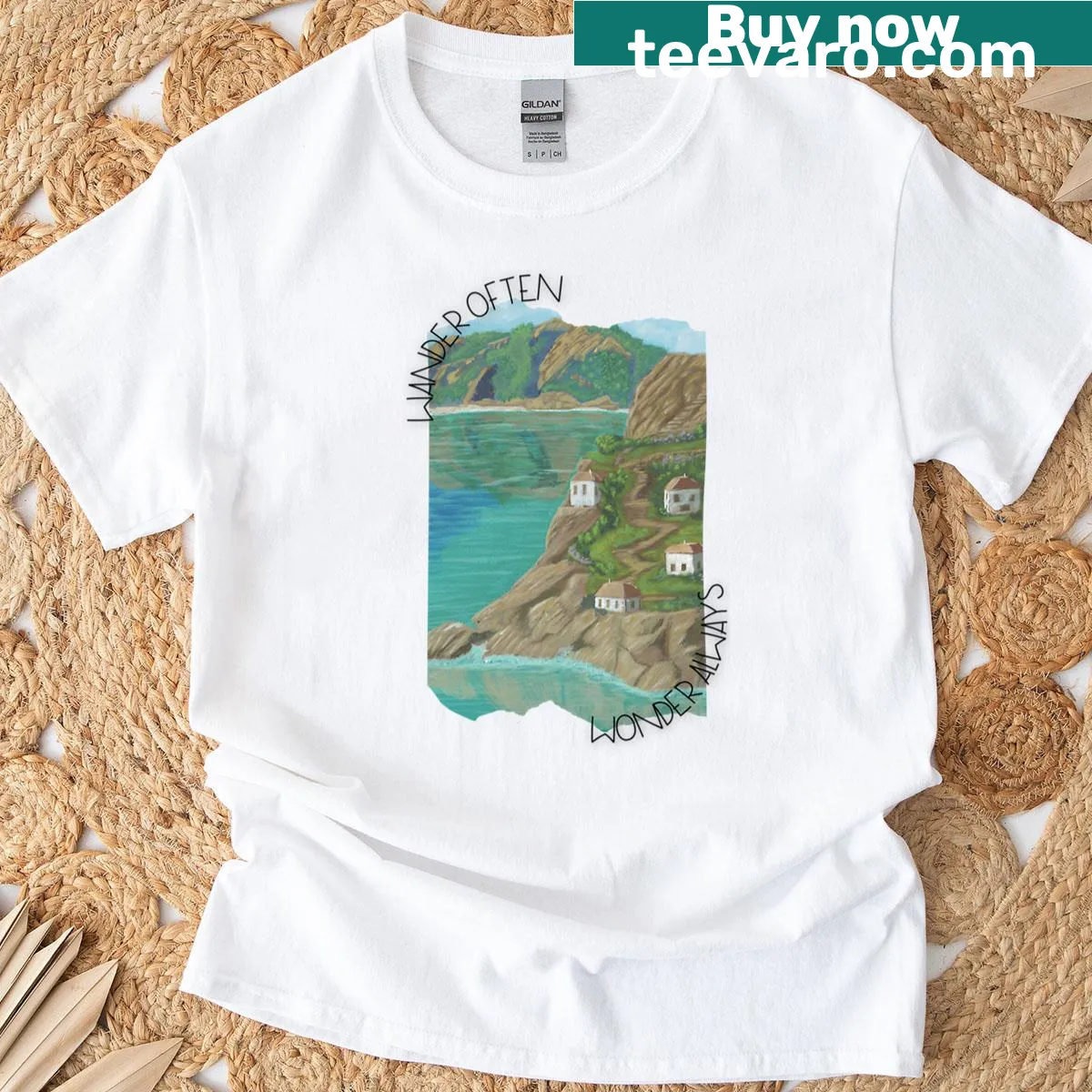 Inspirational T-shirt with the phrase 'Wander Often, Wonder Always' — on a men's t-shirt