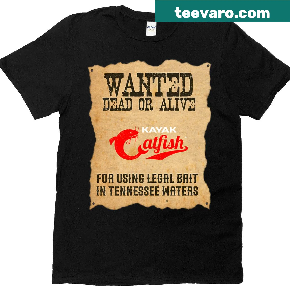 Funny T-shirt for catfish anglers with the phrase Wanted Dead Or Alive — on a men's t-shirt