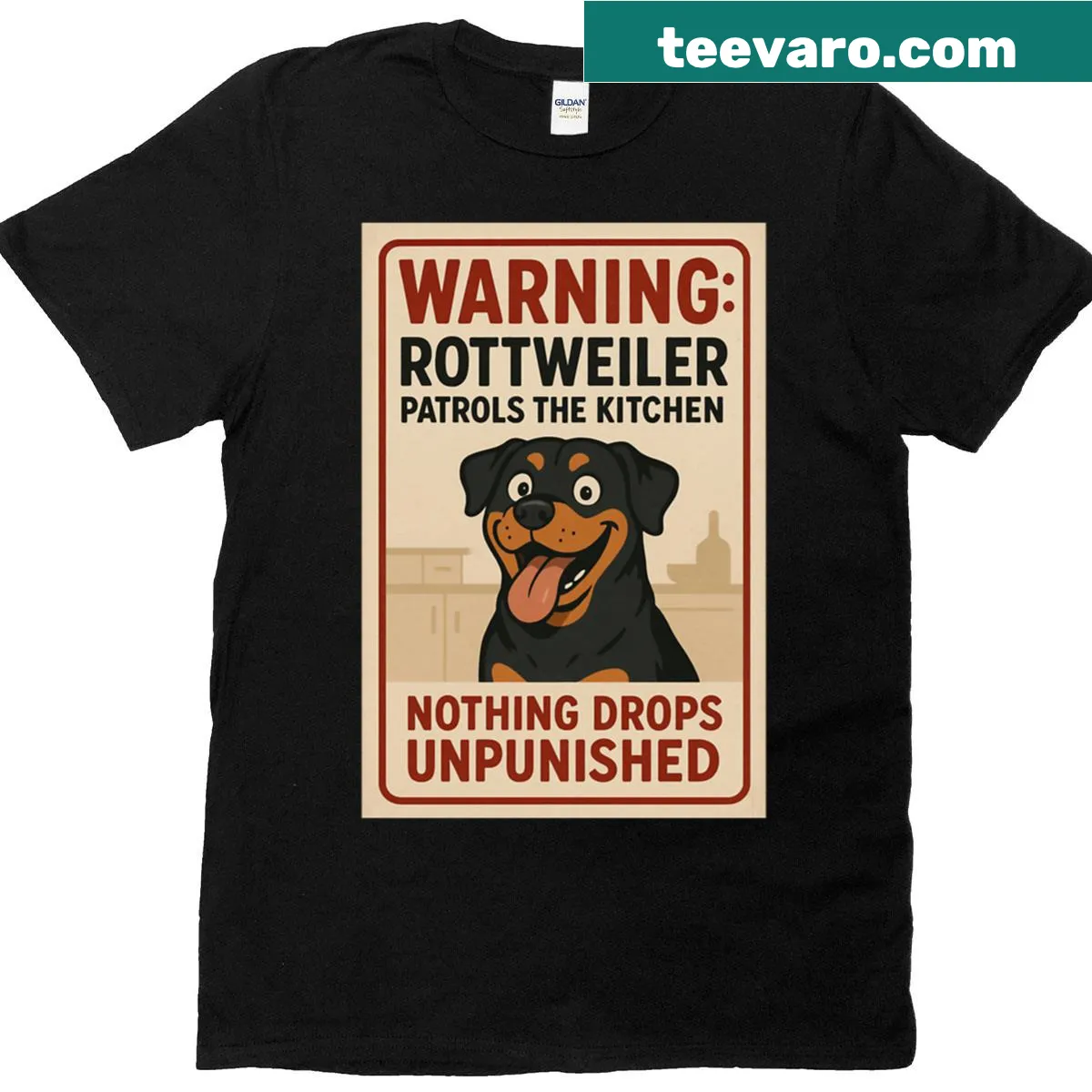 Humorous shirt warning about Rottweiler patrols in the kitchen — on a men's t-shirt