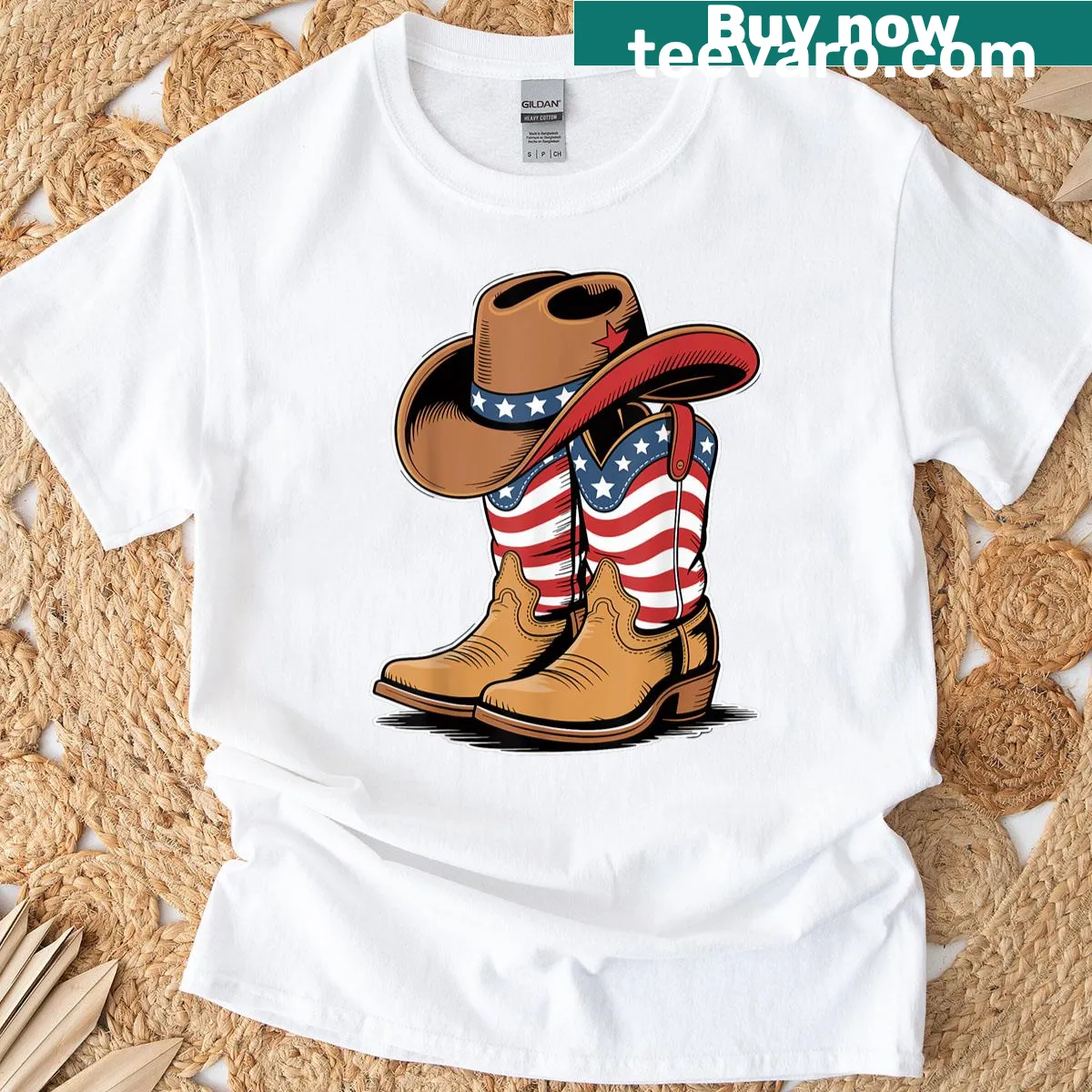 T-shirt with cowboy boots and American flag design — on a men's t-shirt