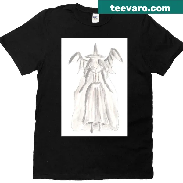 Watercolor illustration of a witch with dragon wings on a T-shirt