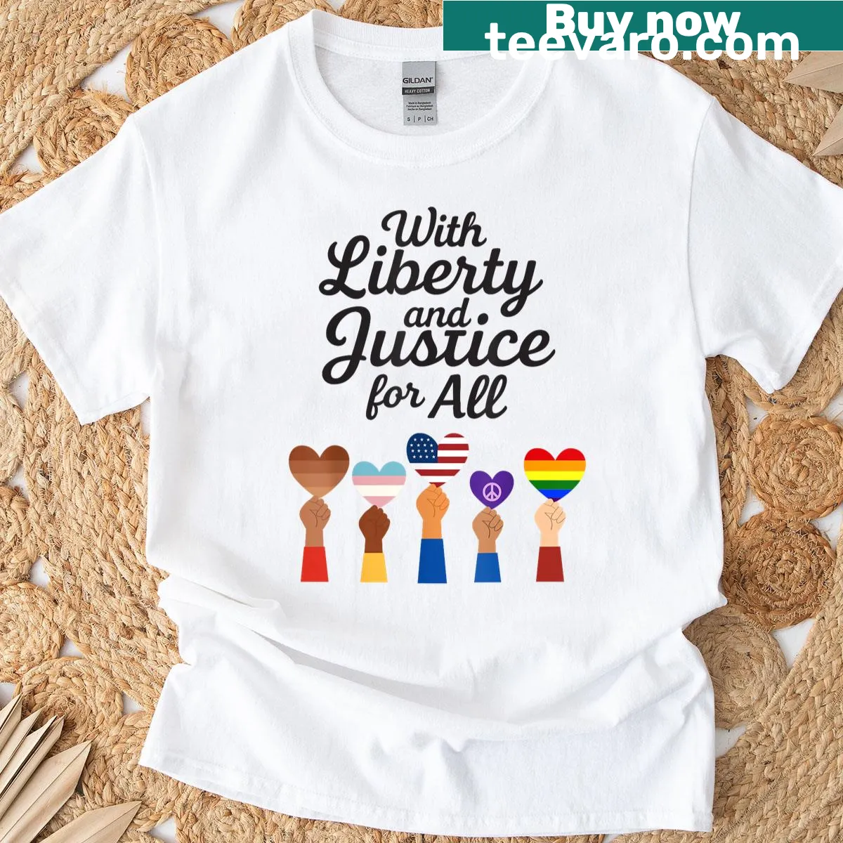 Patriotic T-shirt with the phrase 'With Liberty And Justice For All' — on a men's t-shirt