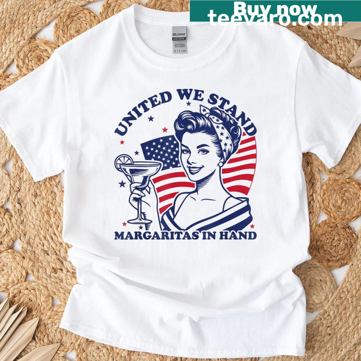 Fourth of July t-shirt with margaritas and 'United We Stand' text — on a men's t-shirt