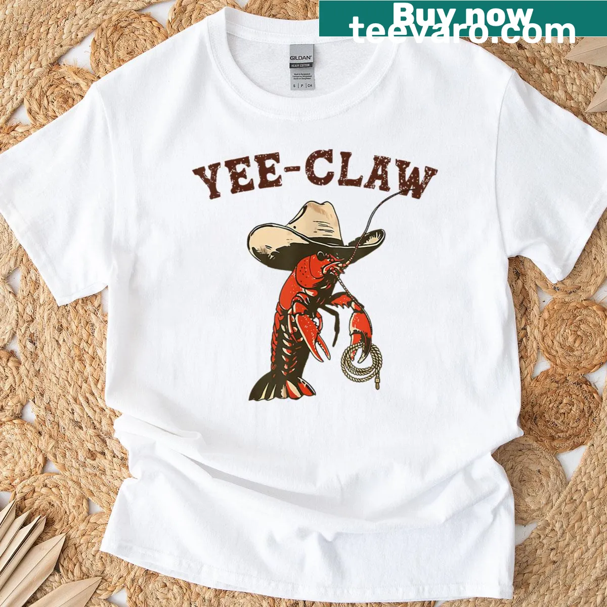 Funny crawfish-themed T-shirt with the phrase 'Yee Claw' — on a men's t-shirt