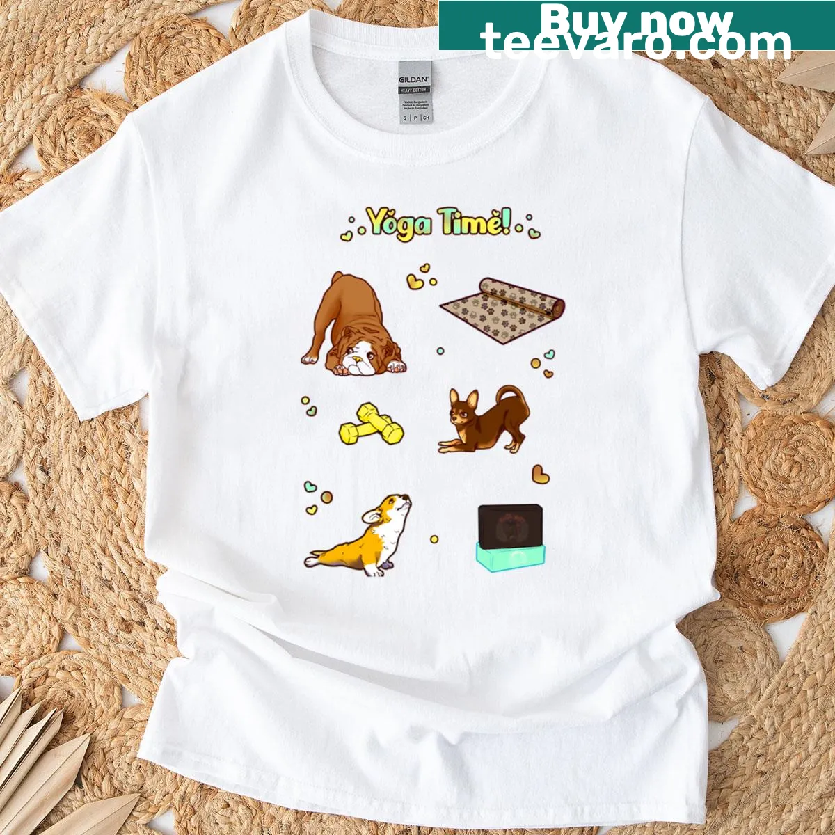 Brown t-shirt with ‘Yoga Time’ printed design — on a men's t-shirt
