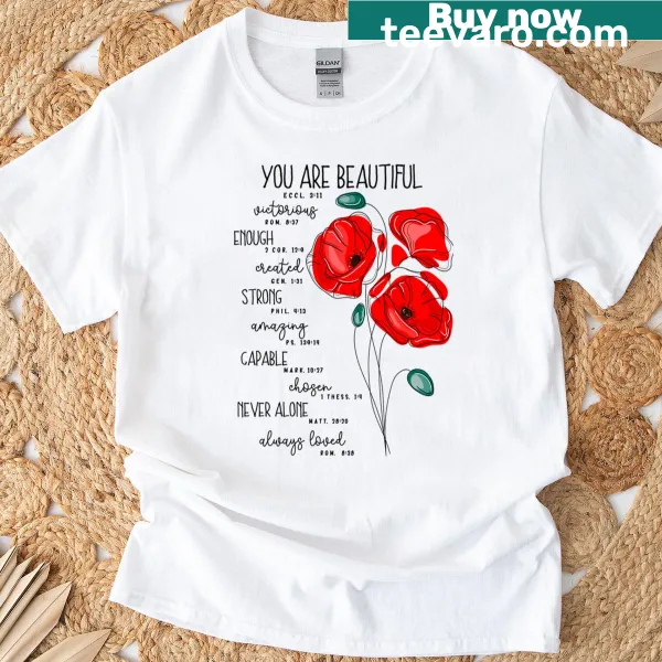 Floral t-shirt with ‘You Are Beautiful’ Christian message