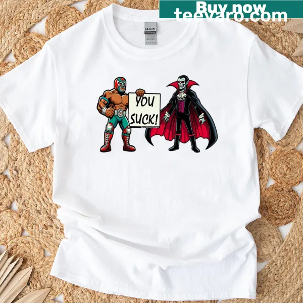 Edgy t-shirt with 'You Suck Drac' phrase and baseball sleeve design