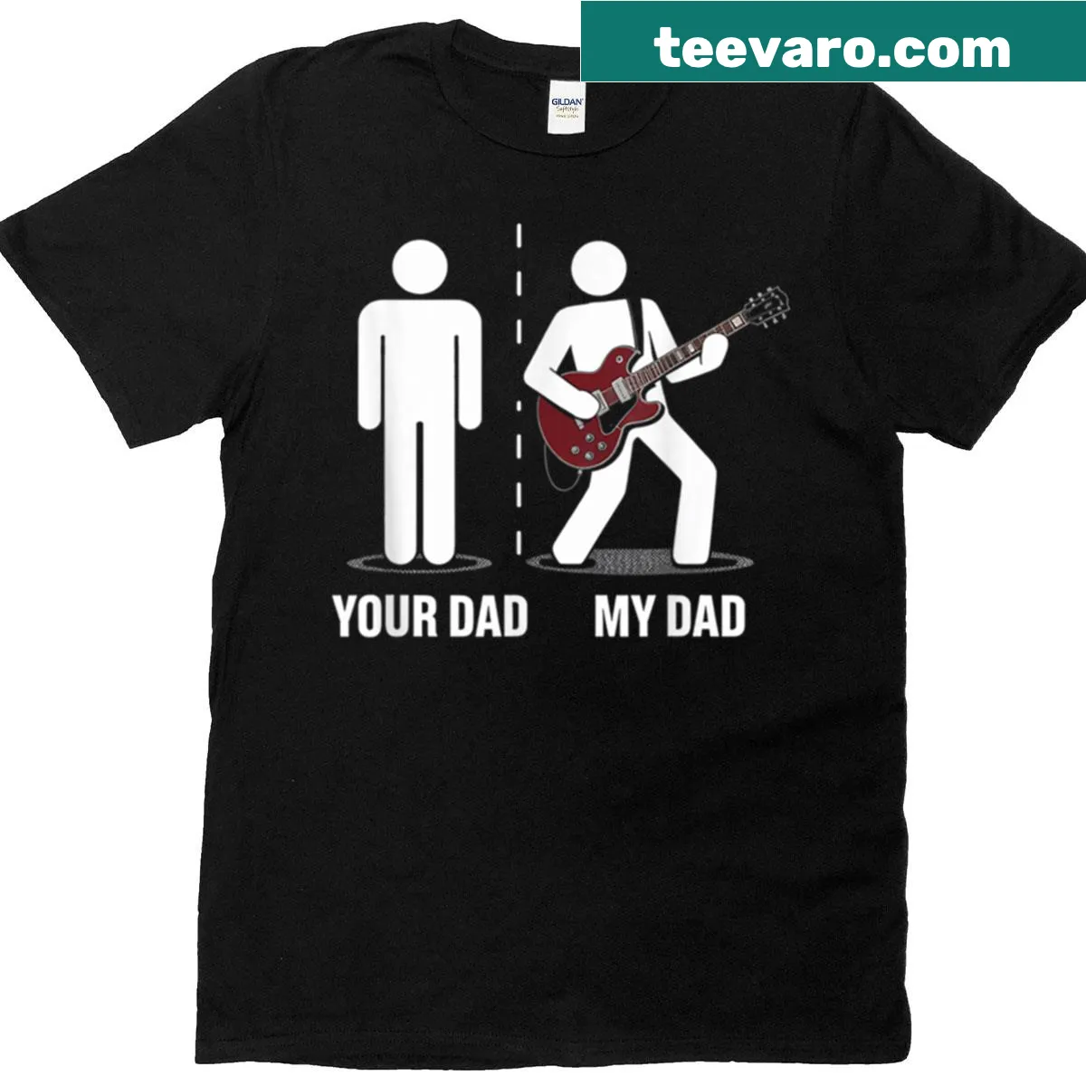 Funny T-shirt illustrating a guitar-playing dad rivalry — on a men's t-shirt