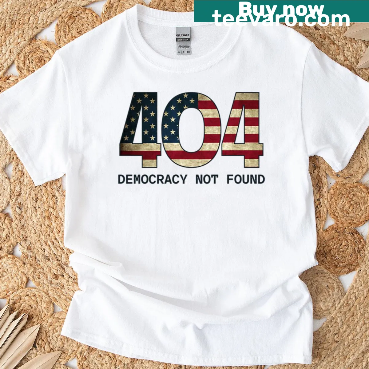 404 Error T-shirt with humorous democracy-themed text — on a men's t-shirt