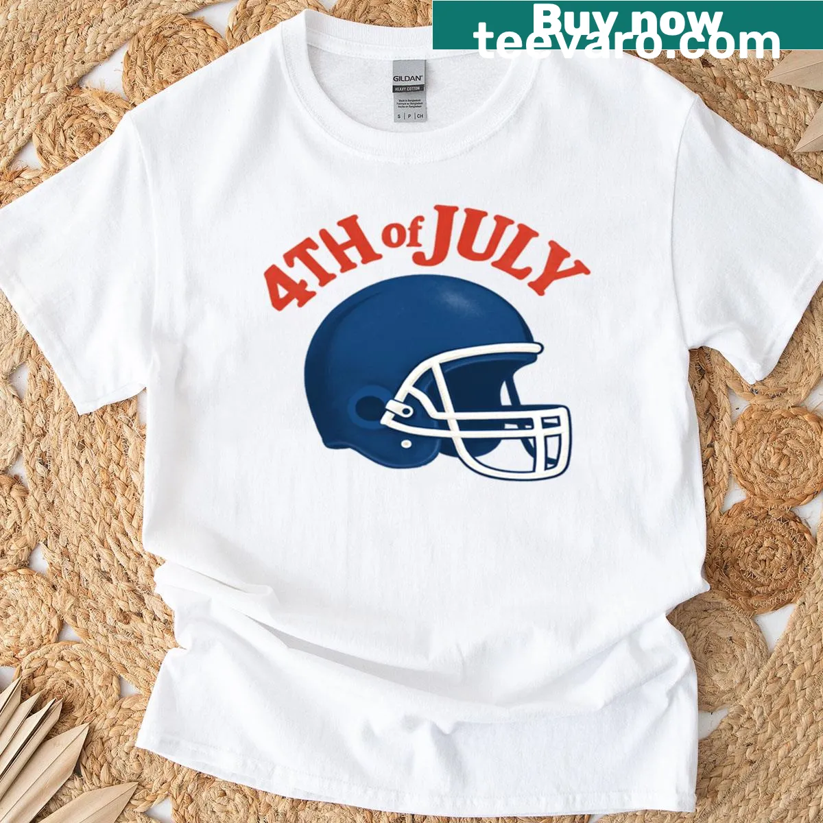 Patriotic 4th of July football t-shirt with bold lettering — on a men's t-shirt