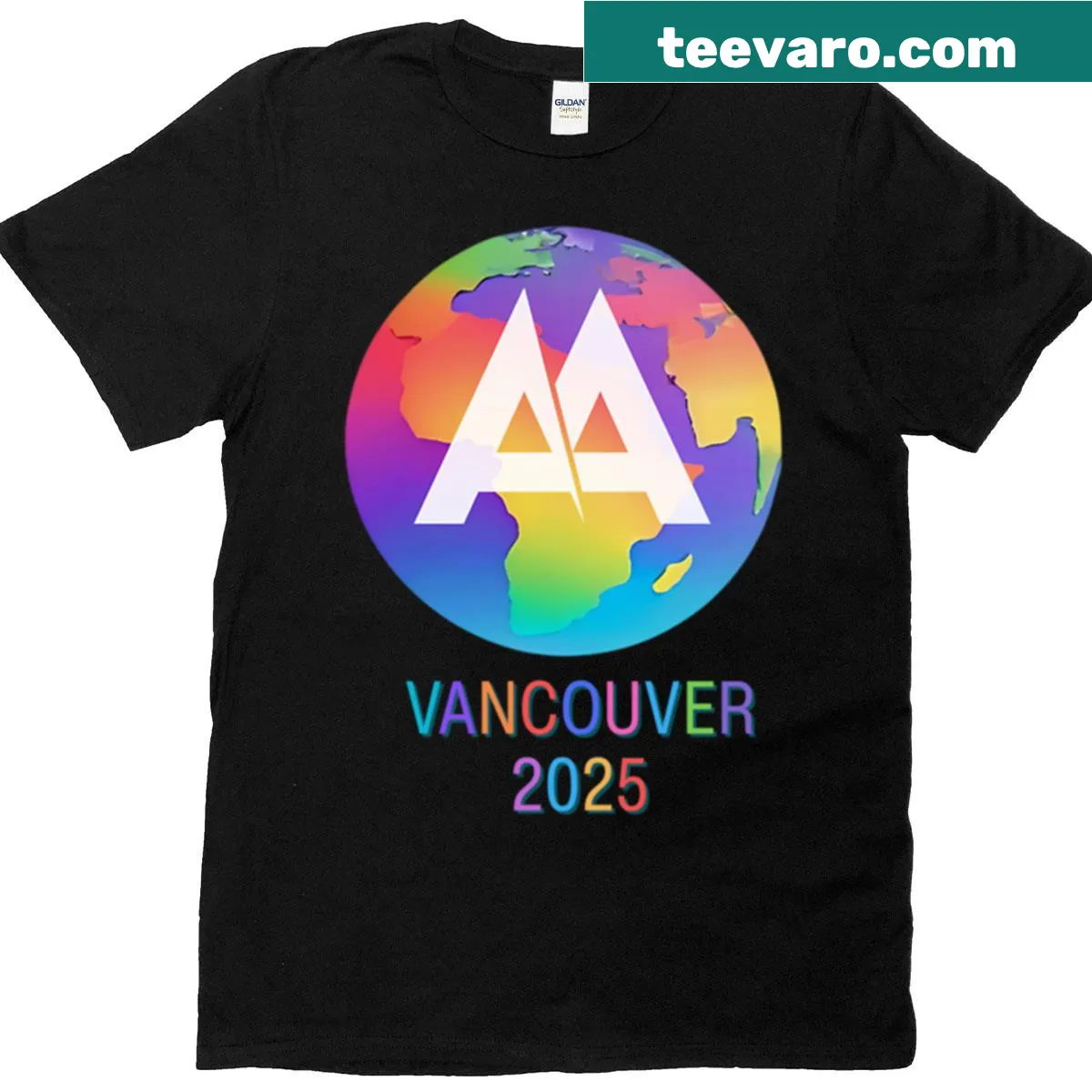 T-shirt marking the Aa World Conference Vancouver 2025 with text. — on a men's t-shirt