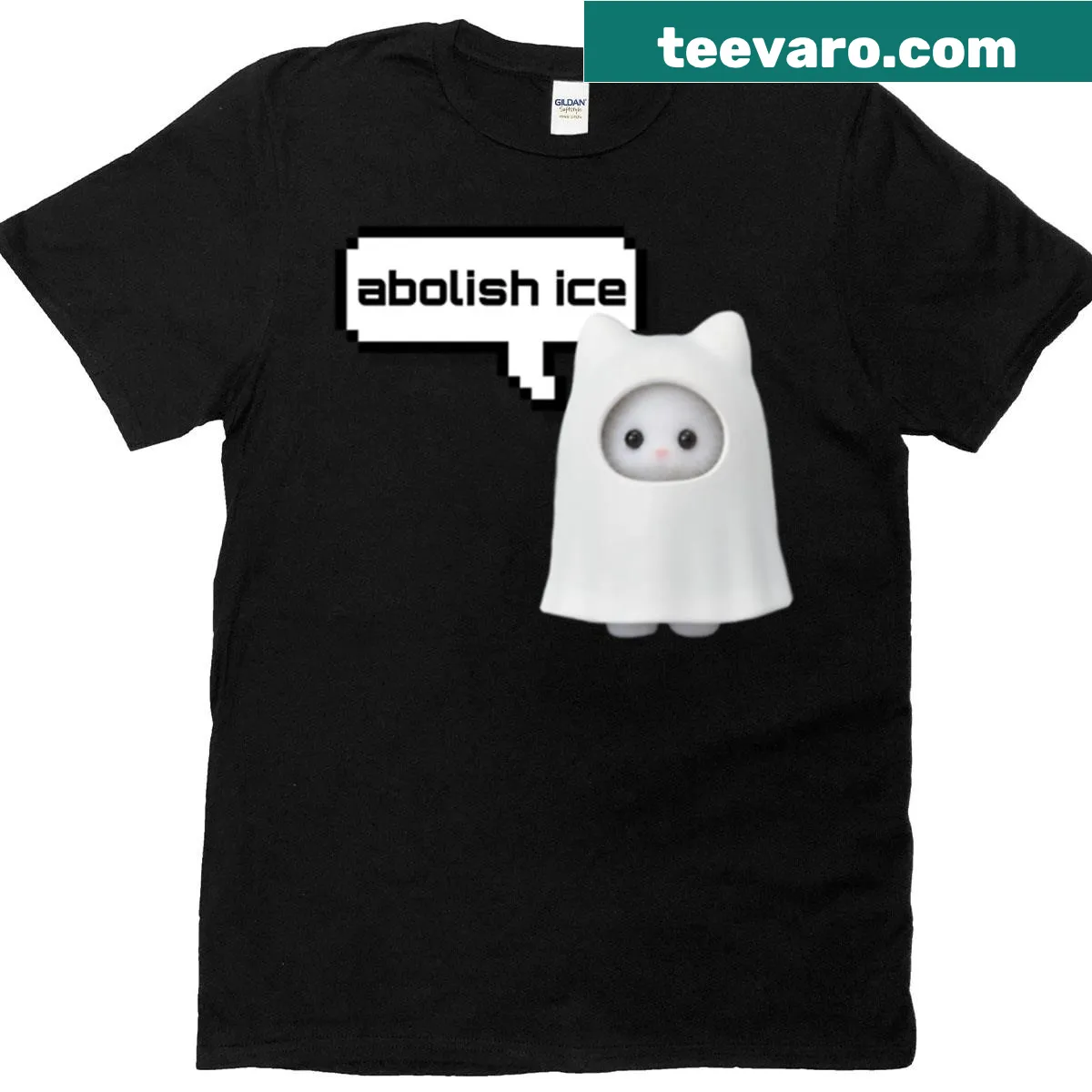 T-shirt with 'Abolish Ice' and a cute calico critter graphic — on a men's t-shirt