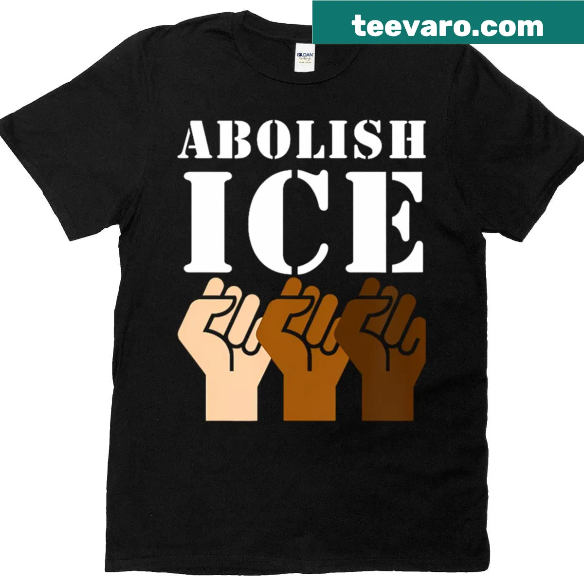 Bold typography shirt with 'Abolish Ice' and supportive phrases for immigrants. — on a men's t-shirt