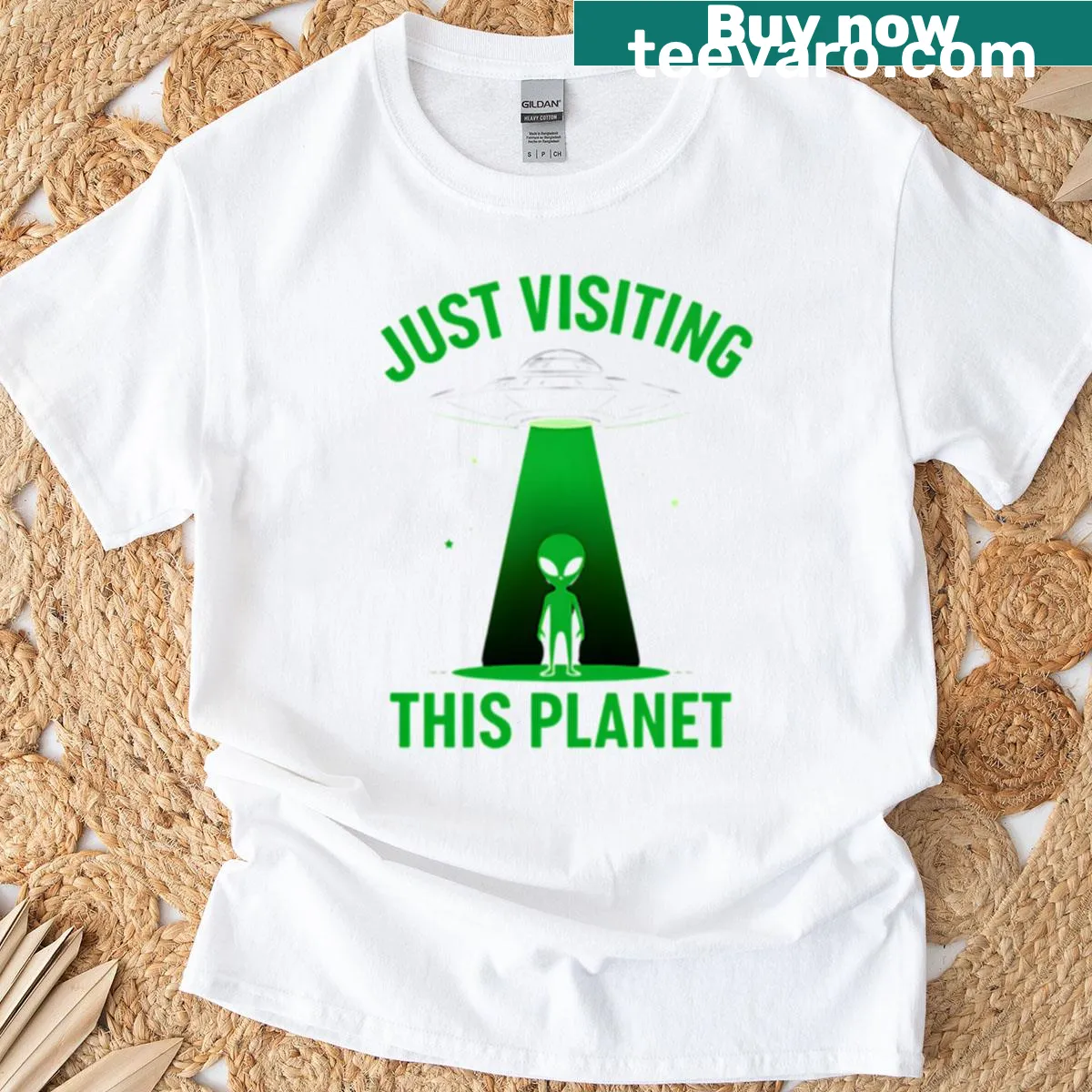 Cartoon alien graphic stating 'Just Visiting This Planet' on a T-shirt — on a men's t-shirt