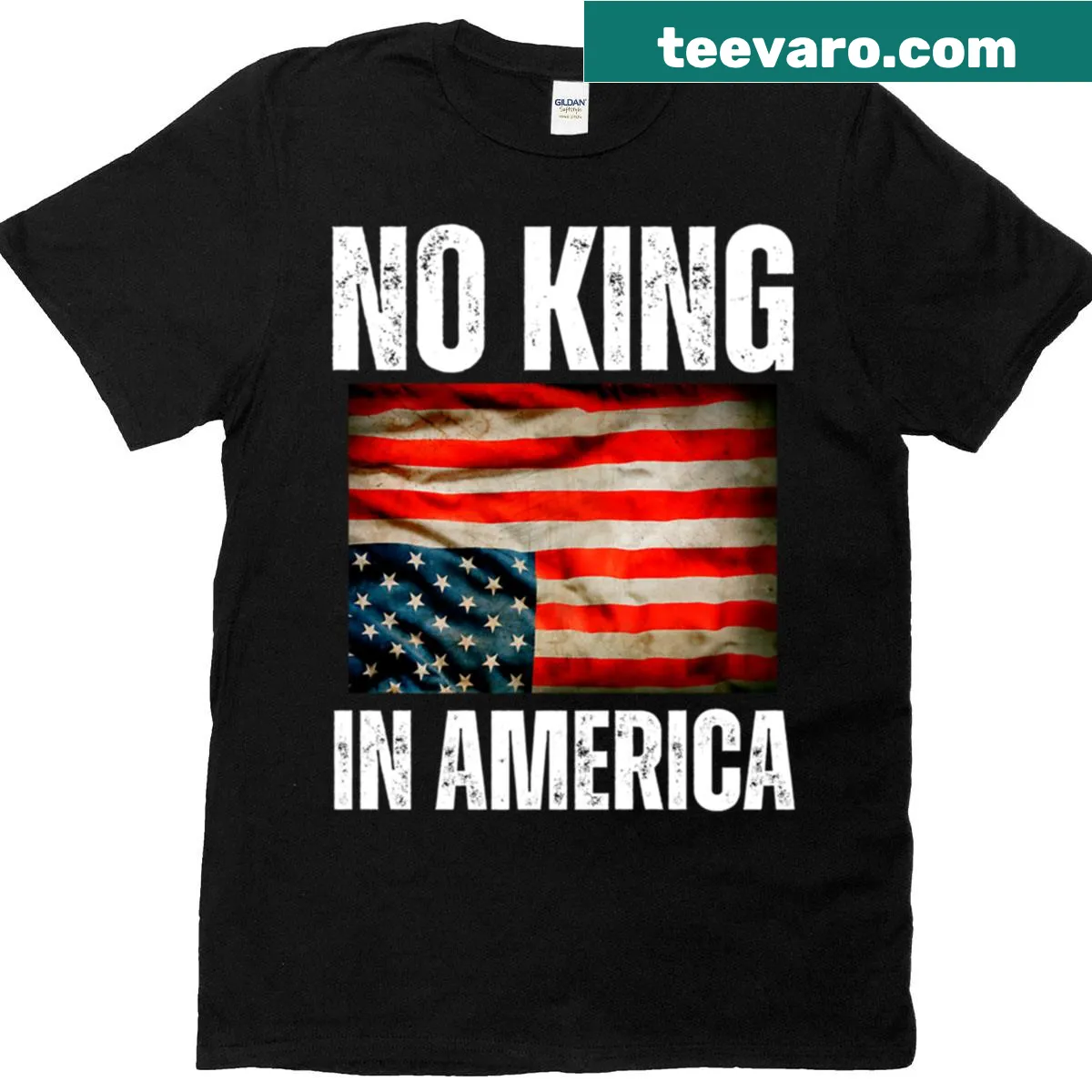 American flag graphic T-shirt with text 'No King In America' — on a men's t-shirt