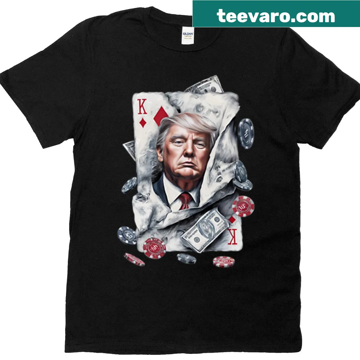 Artistic T-shirt featuring King of Diamonds card and businessman surrounded by money — on a men's t-shirt