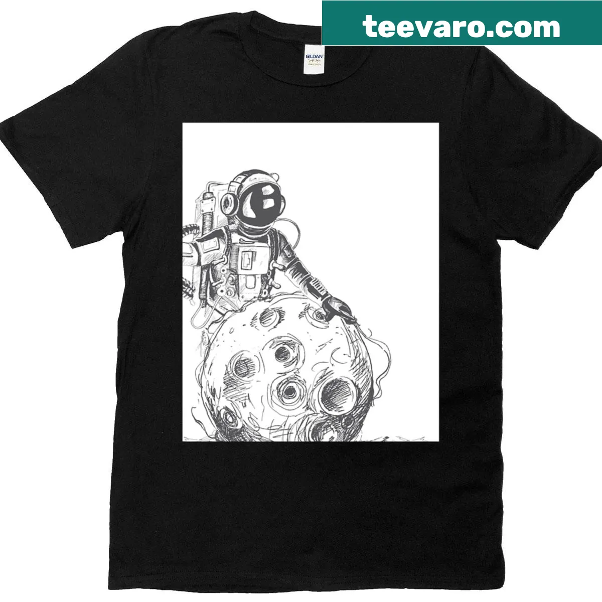 Graphic T-shirt featuring an astronaut on a space ball — on a men's t-shirt