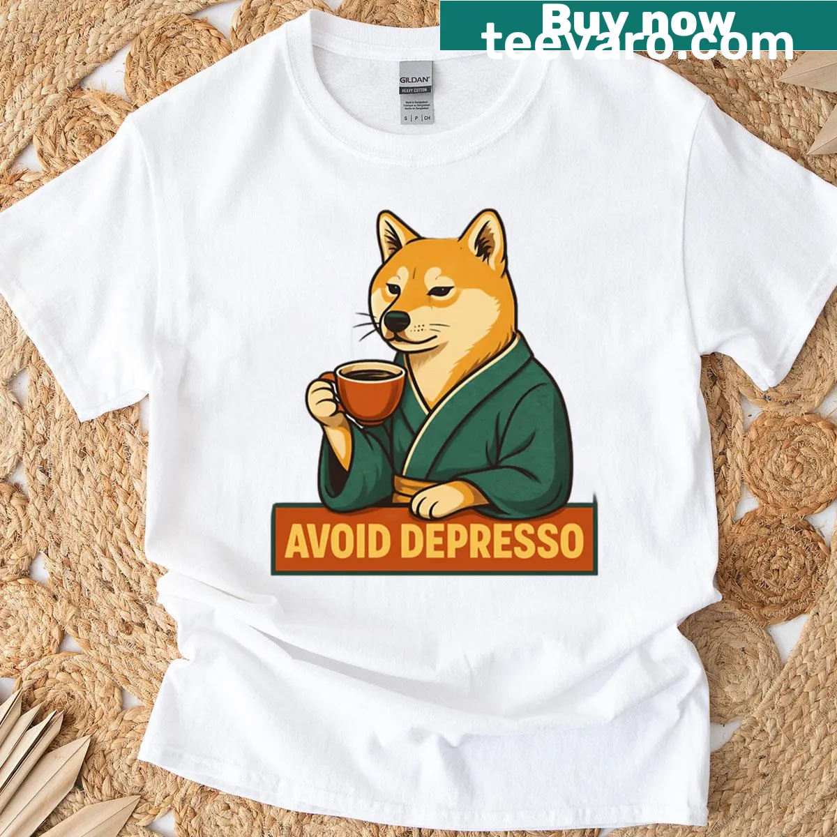 Funny T-shirt with a Shiba Inu and the phrase Avoid Depresso — on a men's t-shirt