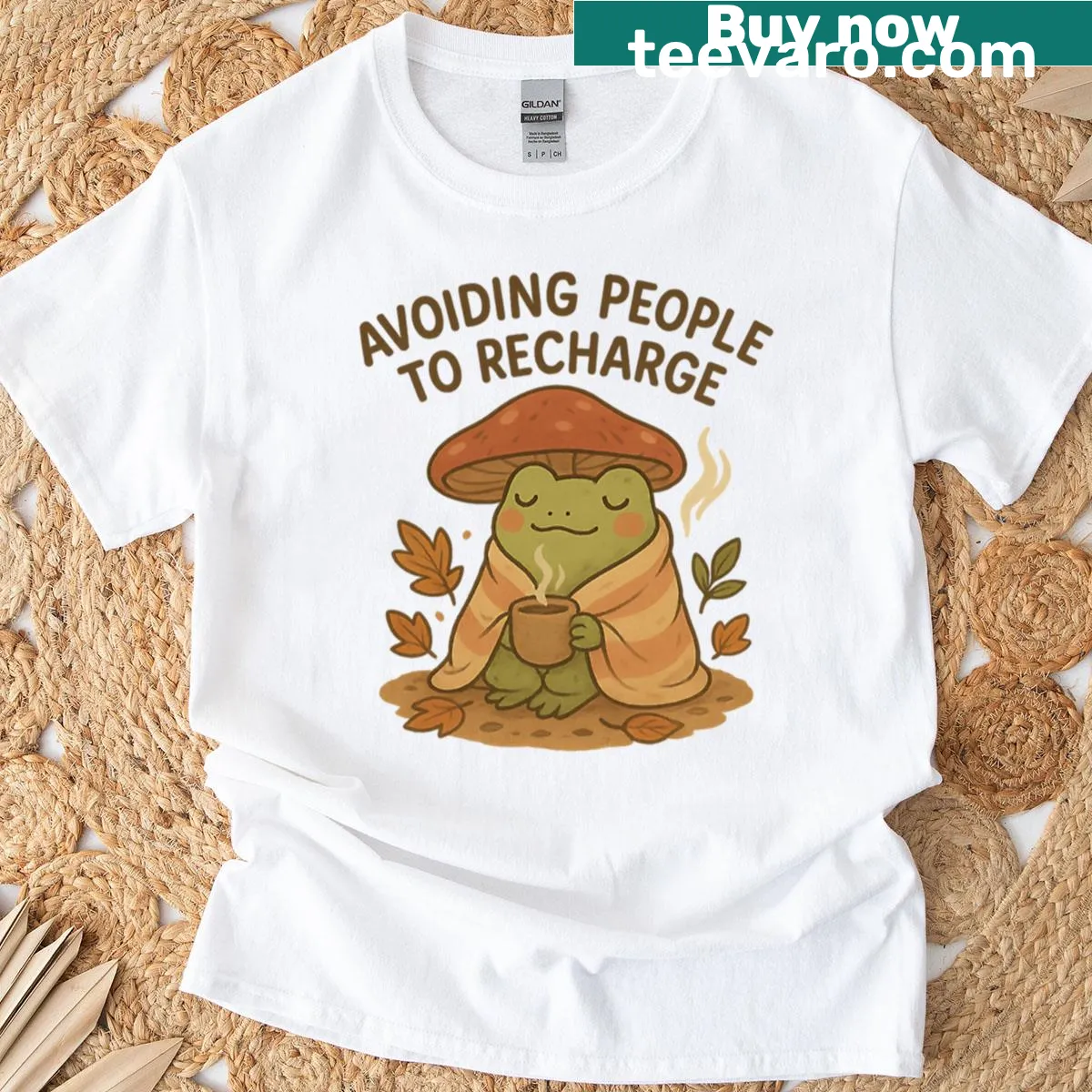 Cozy frog graphic with text about avoiding people on T-shirt — on a men's t-shirt