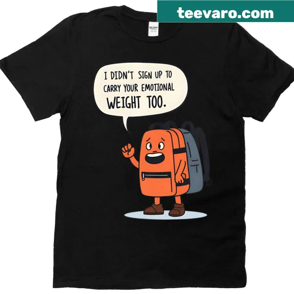 T-shirt with playful text 'Backpack Talks Back' in fun typography