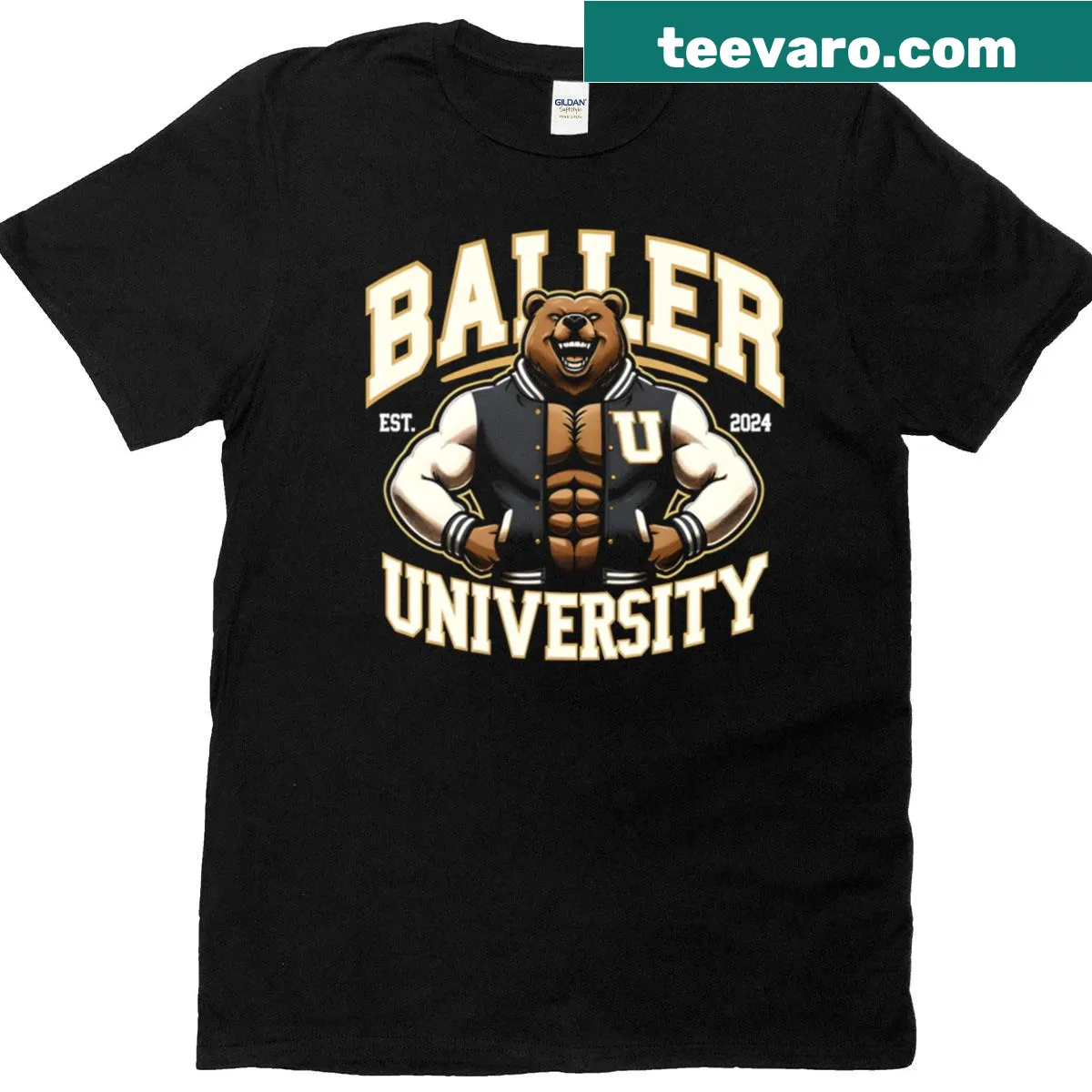 T-shirt featuring 'Baller University' logo — on a men's t-shirt