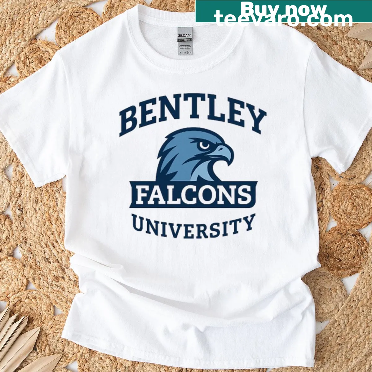 Modern varsity logo of Bentley University Falcons on T-shirt — on a men's t-shirt