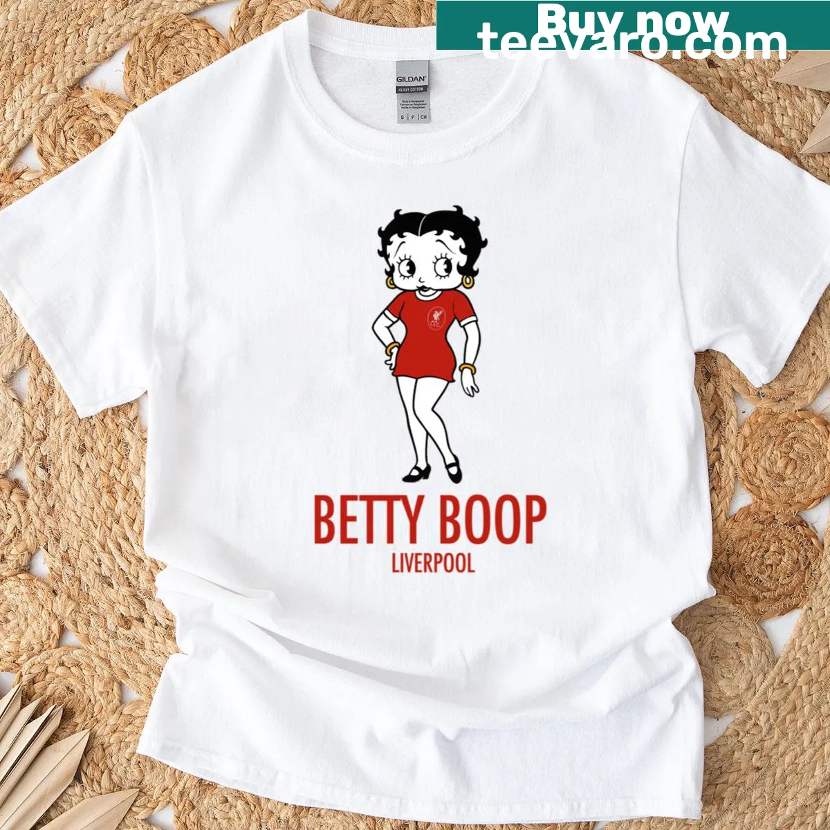 Cartoon Betty Boop design on a Liverpool-themed t-shirt — on a men's t-shirt