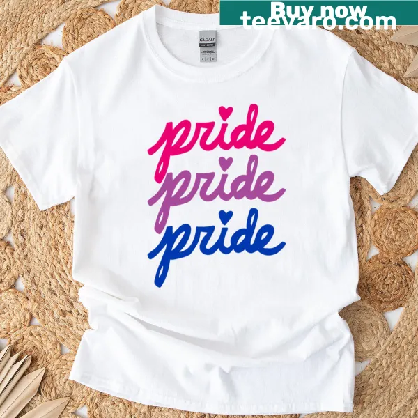 T-shirt featuring cursive text celebrating bi pride