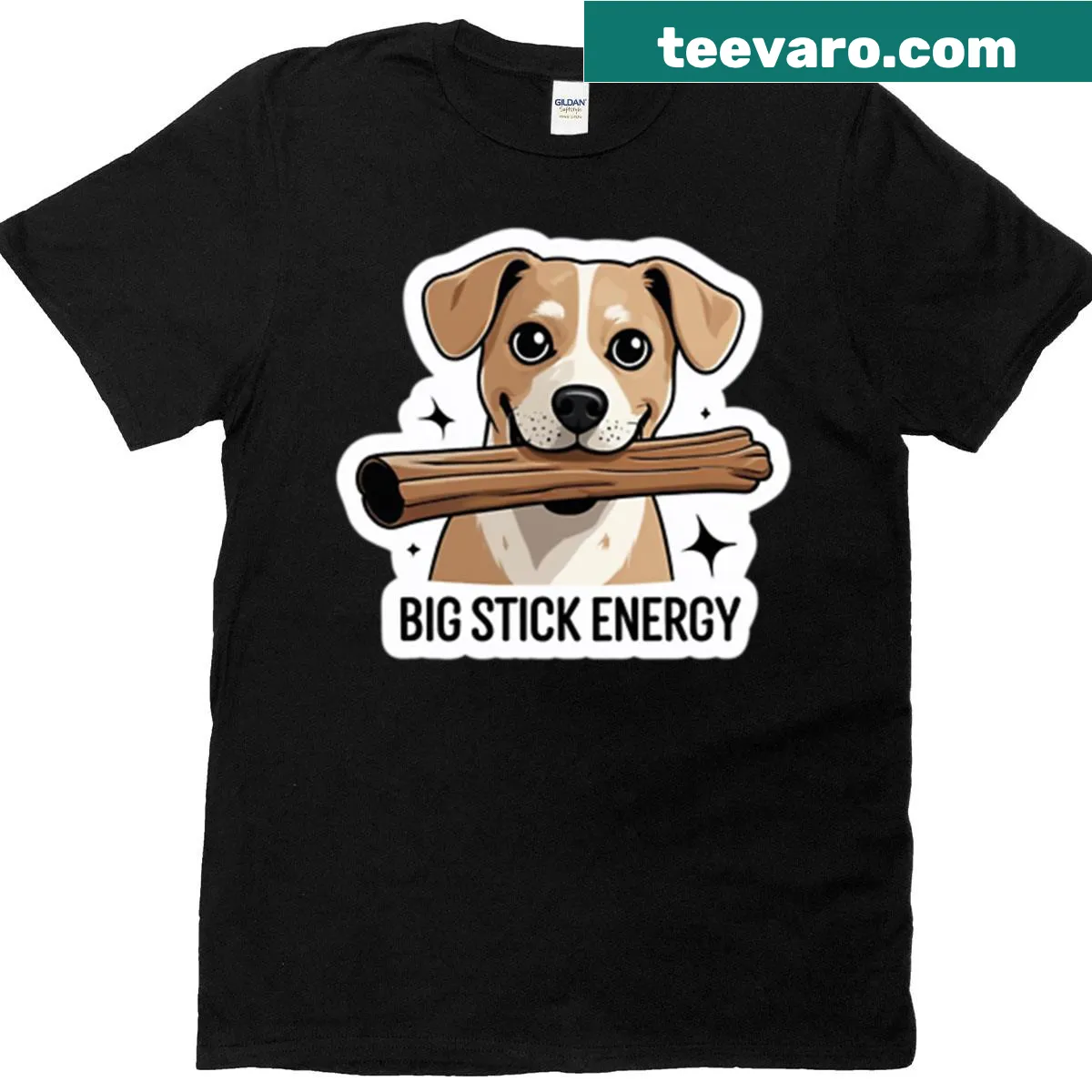 Cartoon dog with oversized stick on a T-shirt — on a men's t-shirt