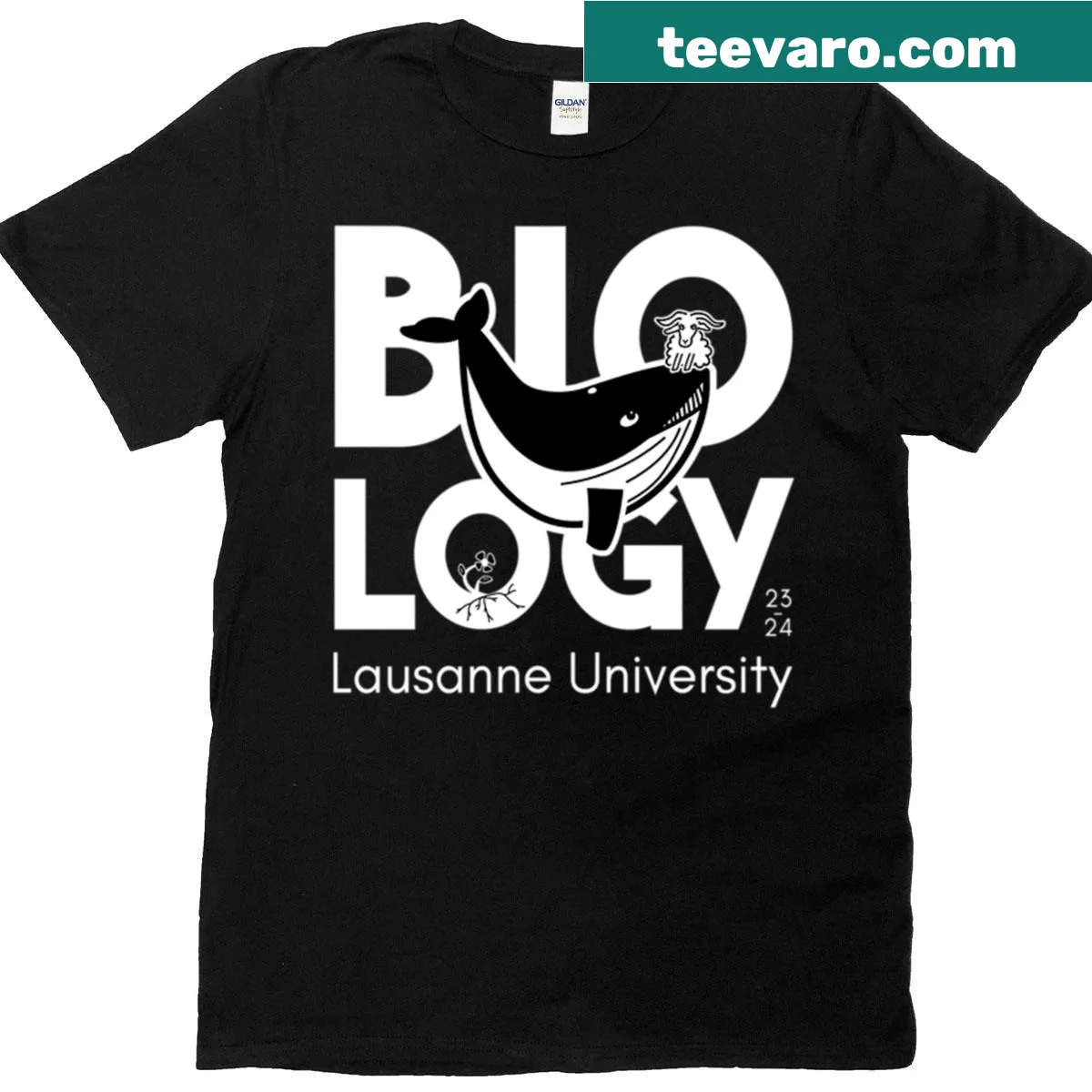 Whale logo illustration on oversized biology-themed t-shirt — on a men's t-shirt