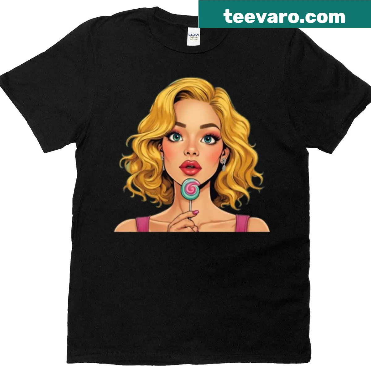 Stylized digital portrait of a blonde woman on a t-shirt — on a men's t-shirt