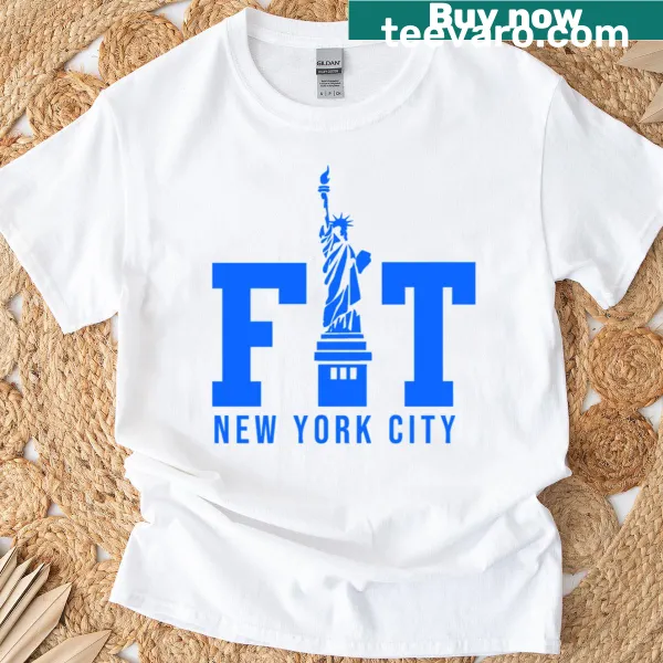 New York City themed graphic on a blue t-shirt.