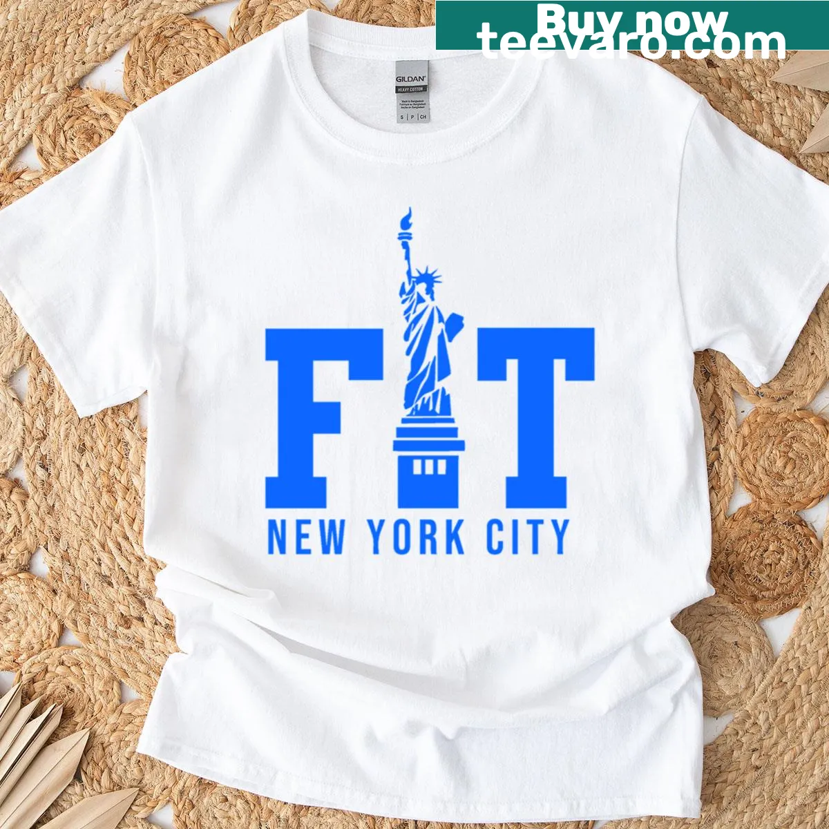 New York City themed graphic on a blue t-shirt. — on a men's t-shirt