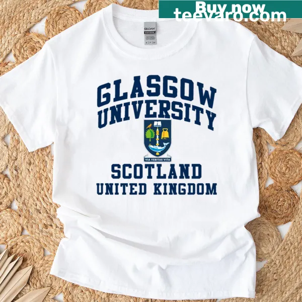College font design on a blue T-shirt with Glasgow text