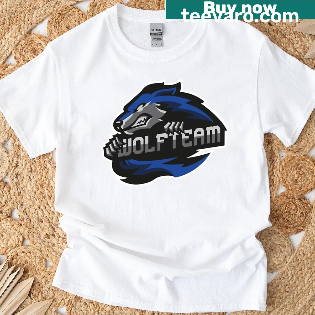 Illustration of a wolf pack on a blue T-shirt — on a men's t-shirt