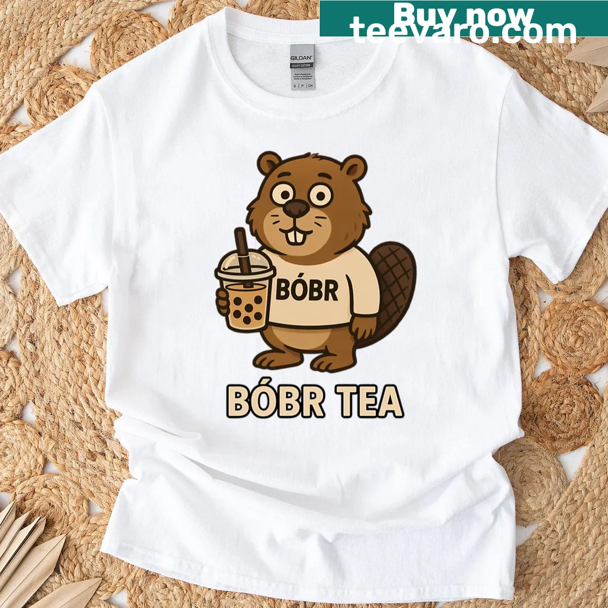 Playful t-shirt featuring boba bubble tea graphic and Bobr Kurwa text — on a men's t-shirt