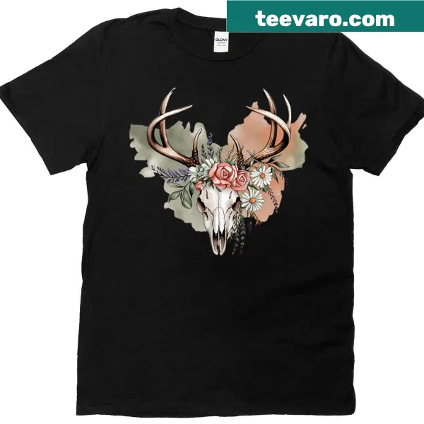 Boho floral deer skull with antlers design on a T-shirt