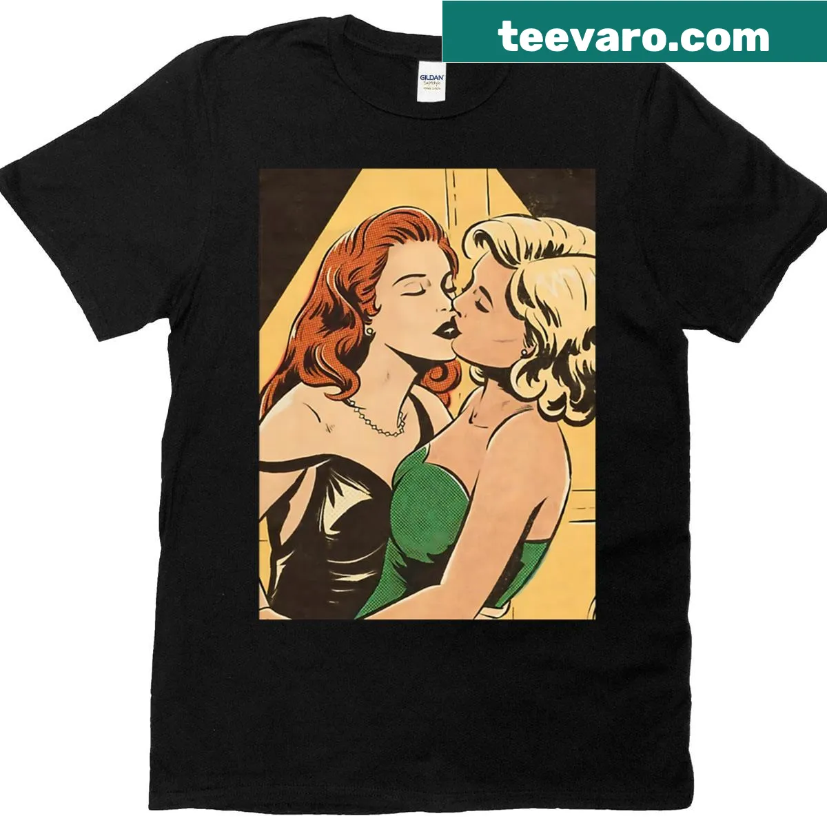 Bold pop art kiss illustration T-shirt for queer pride — on a men's t-shirt