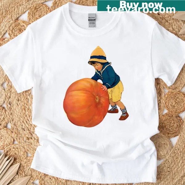 Vintage magazine art shirt featuring a boy rolling a pumpkin